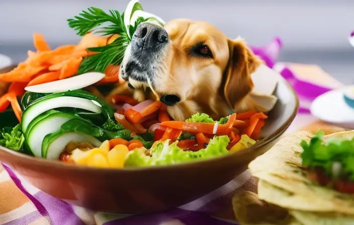 An image featuring a playful golden retriever sitting beside a plate filled with a variety of colorful wraps, showcasing vibrant vegetables, lean proteins, and a succulent sauce – a delicious temptation for any curious canine