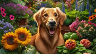 DALL·E 2023 12 21 16.26.42   A golden retriever dog playing joyfully in a lush garden. The garden is filled with vibrant flowers  towering sunflowers, multicolored pansies, bright