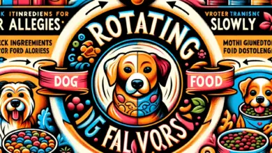 DALL·E 2023 12 19 19.11.42   An illustrated infographic titled  Tips for Rotating Dog Food Flavors,  featuring four sections  Check Ingredients for Allergies, Transition Slowly, M